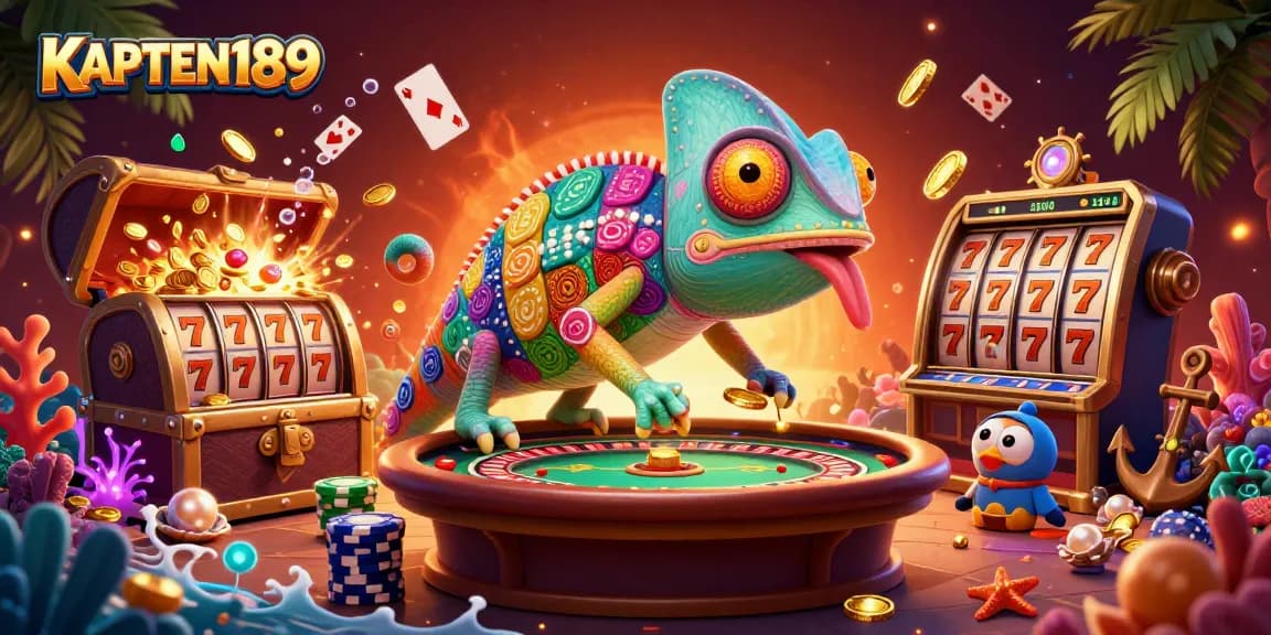 KAPTEN189 menawarkan karakter kasino digital dengan chameleon yang melihat meja roulette dan ruang poker.