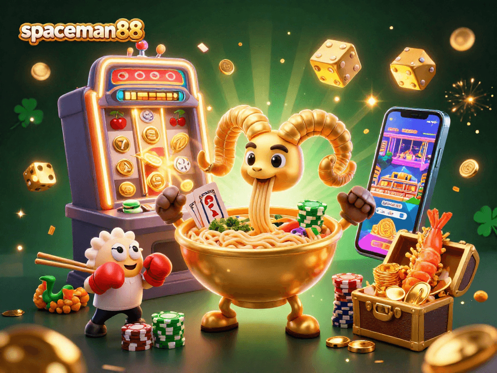 Play exciting games at spaceman88 with a dynamic 3D illustration featuring a golden ramen bowl and lively casino elements.