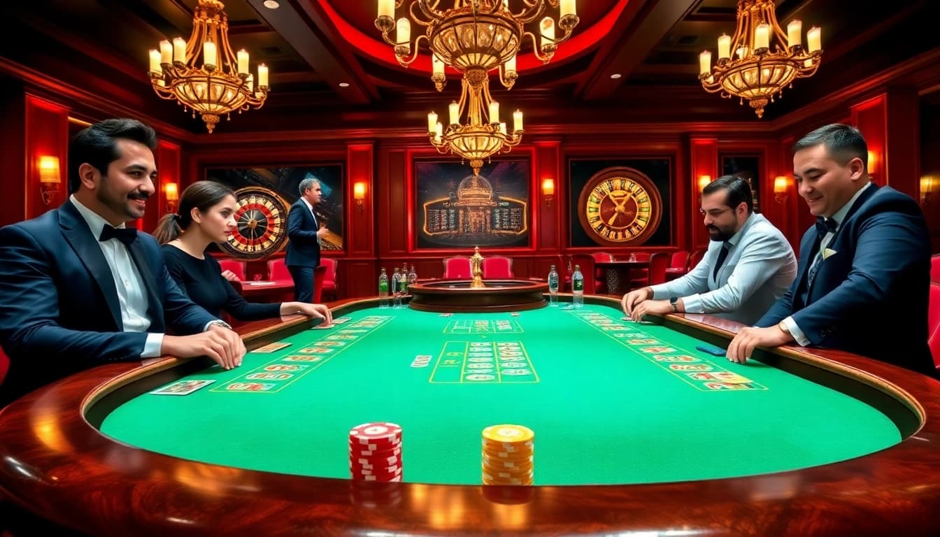 Experience thrilling gameplay at vn888's luxurious poker table, filled with vibrant chips and cards.