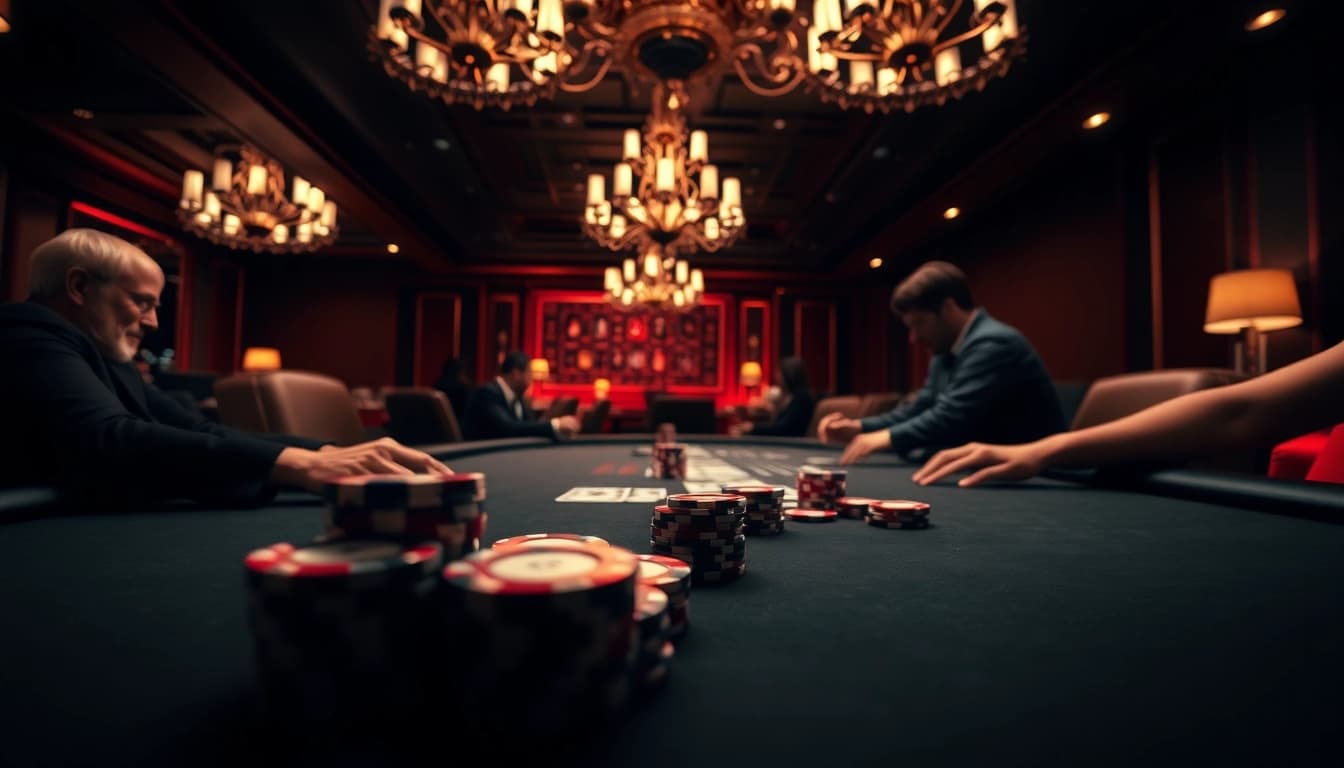Experience the thrill of top casinos with an engaging poker table and vibrant atmosphere.
