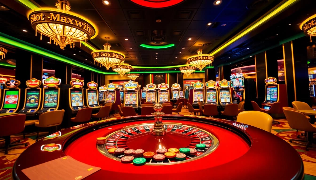 Experience Slot Maxwin excitement at a luxurious casino with vibrant games and roulette.