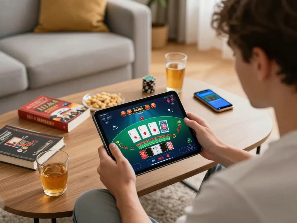 Engaging scene of a player enjoying live blackjack on uu88 with a cozy home setup and strategy notes.