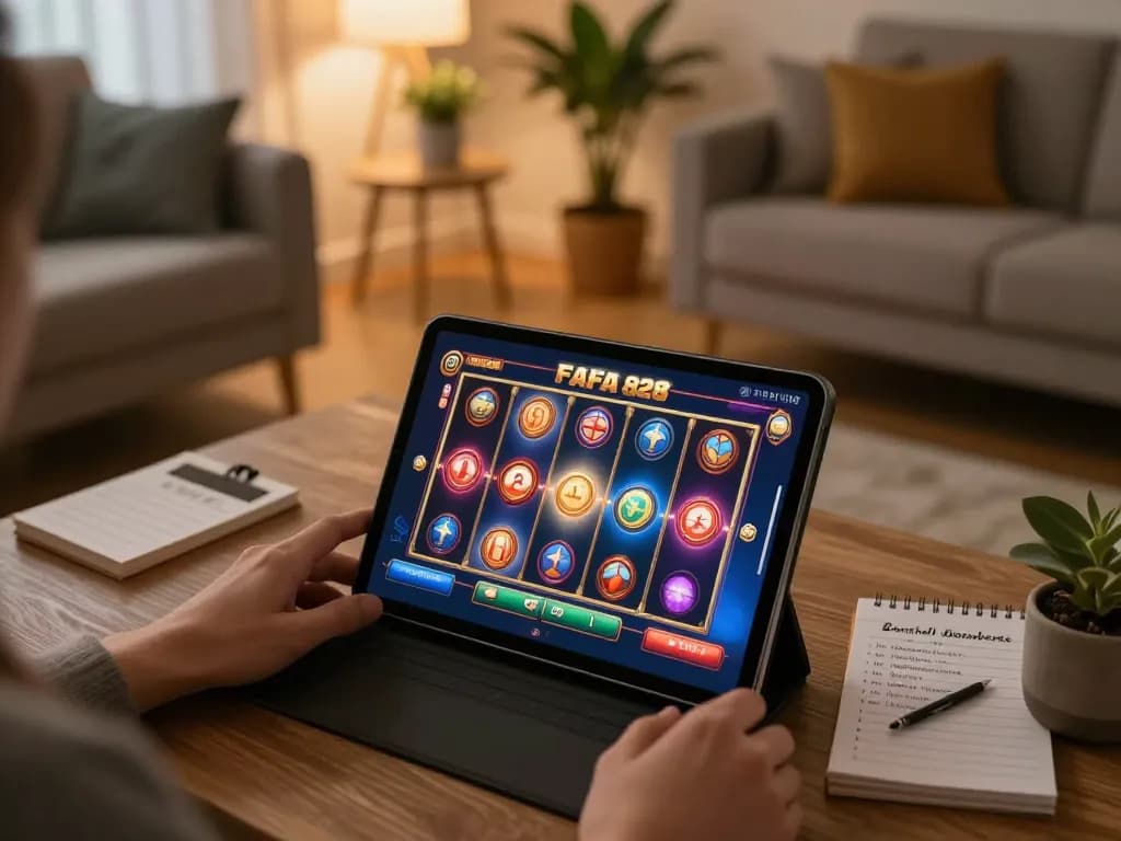 Engaged player using a tablet for FAFA 828 online slots in a cozy setting, showcasing vibrant gameplay.