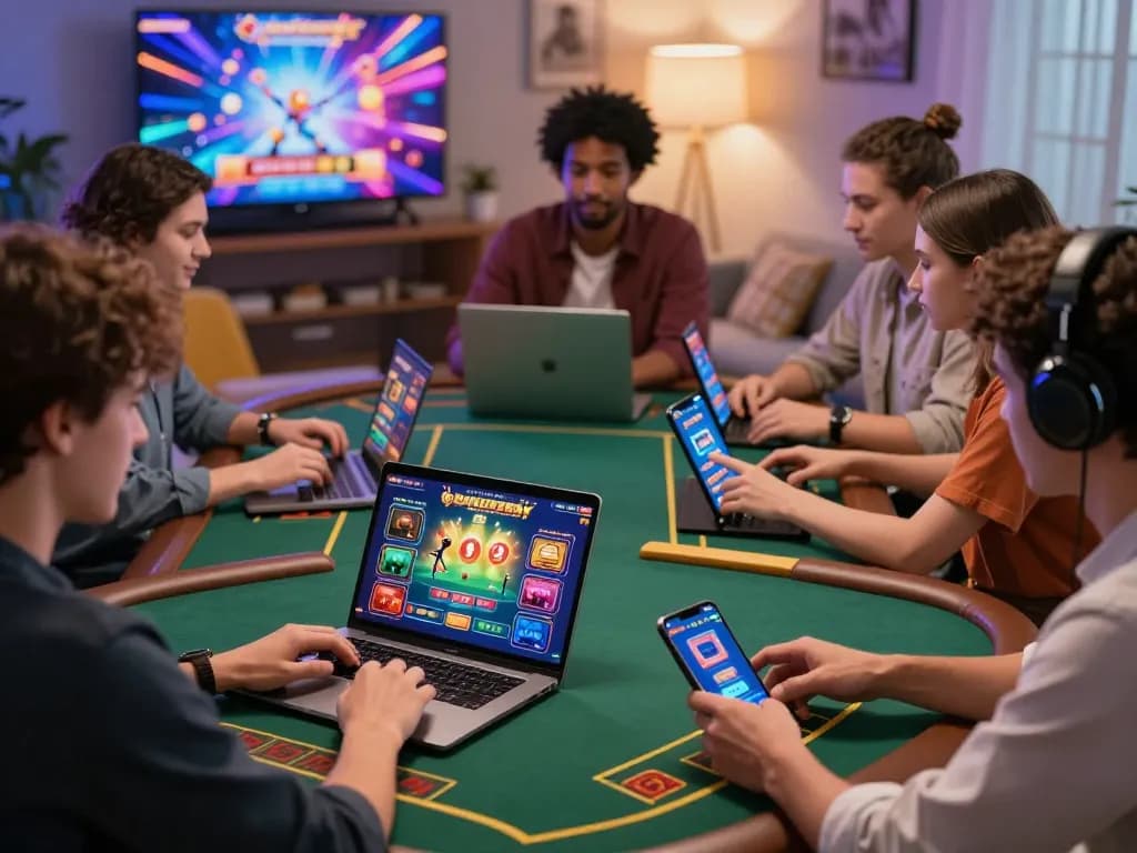 Engaging online gaming scene showcasing players interacting with https://sc88e.com/ on devices in a modern, cozy setting.