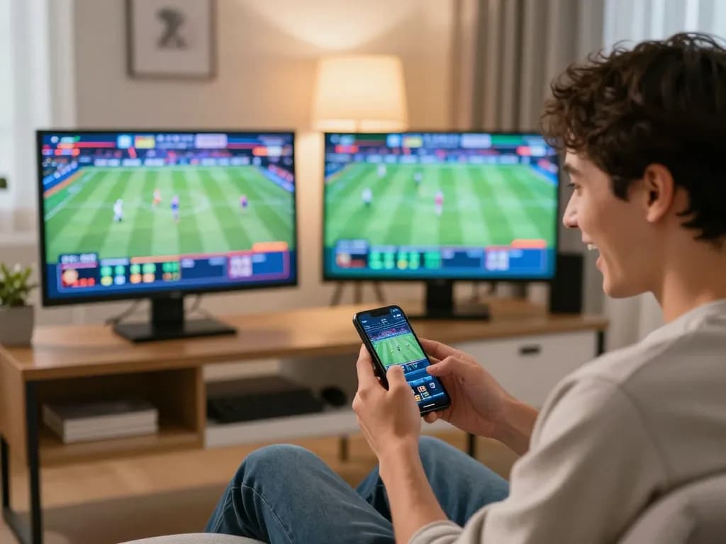 Engaged player using au88 sports betting app on smartphone at home, excited by live games and betting