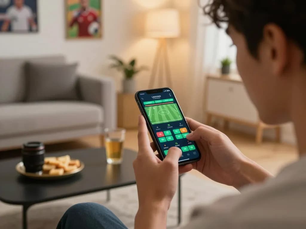 Engaging in live sports betting using ytr88 mobile app in a cozy home environment.
