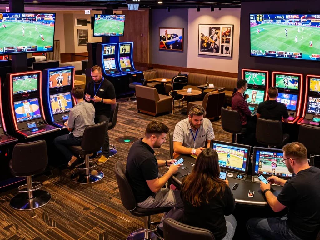 Sports betting excitement at https://kjc.events/ with bettors analyzing odds in a lively casino atmosphere.