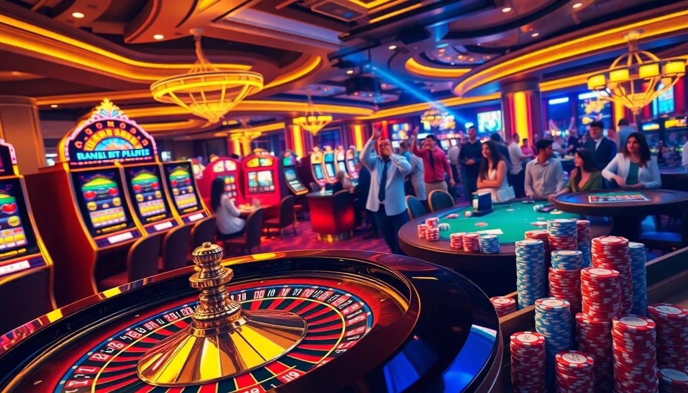 Exciting casino atmosphere showcasing the vibrant gambling experience at dn 88 with roulette and slot machines.
