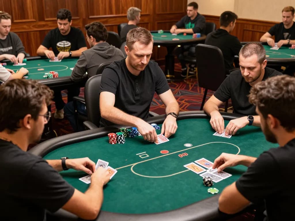 IWIN68 players engaged in a strategic poker game in an upscale casino lounge.