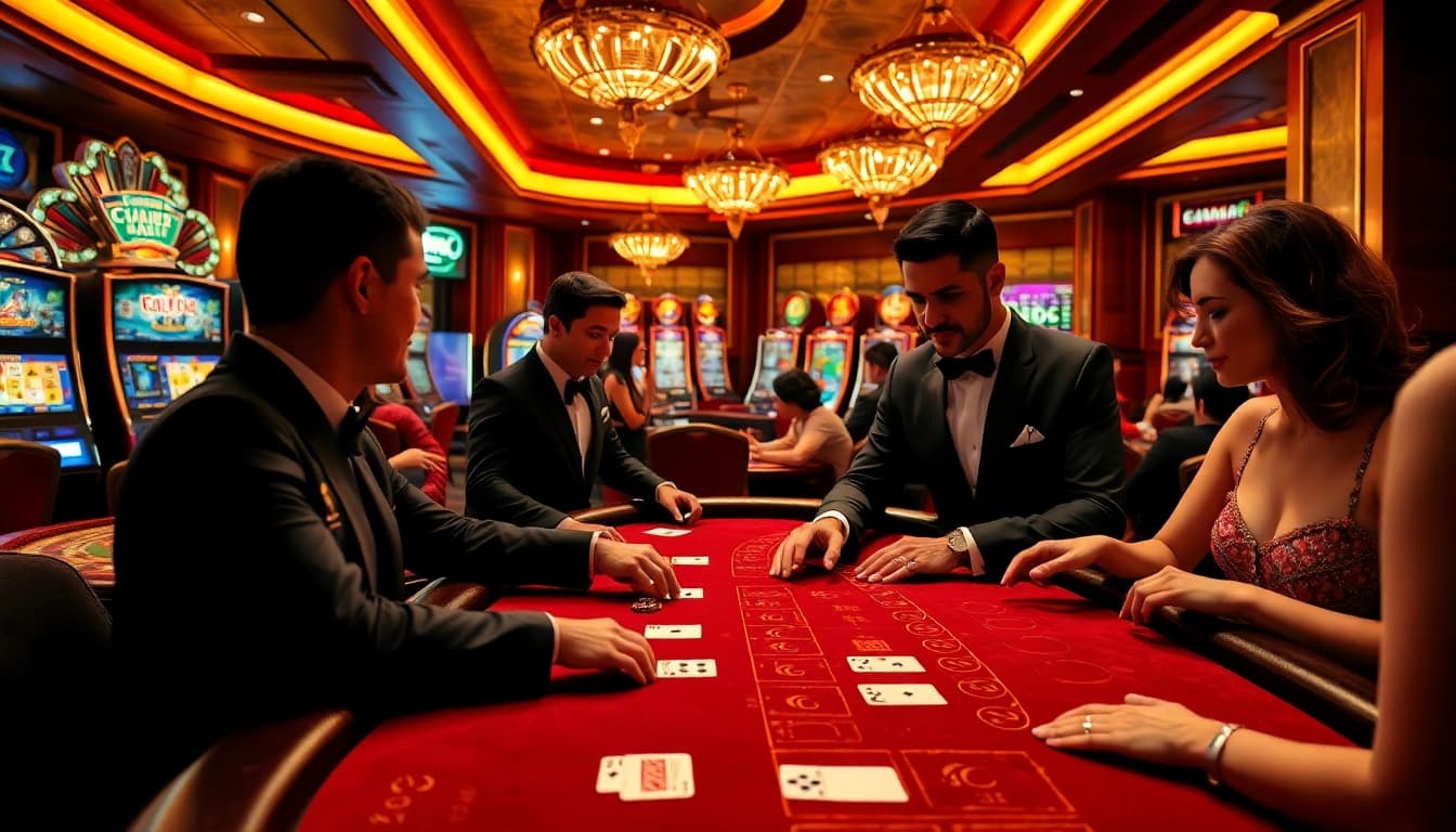 C168 players enjoying an immersive live blackjack game surrounded by vibrant slot machines and poker chips.