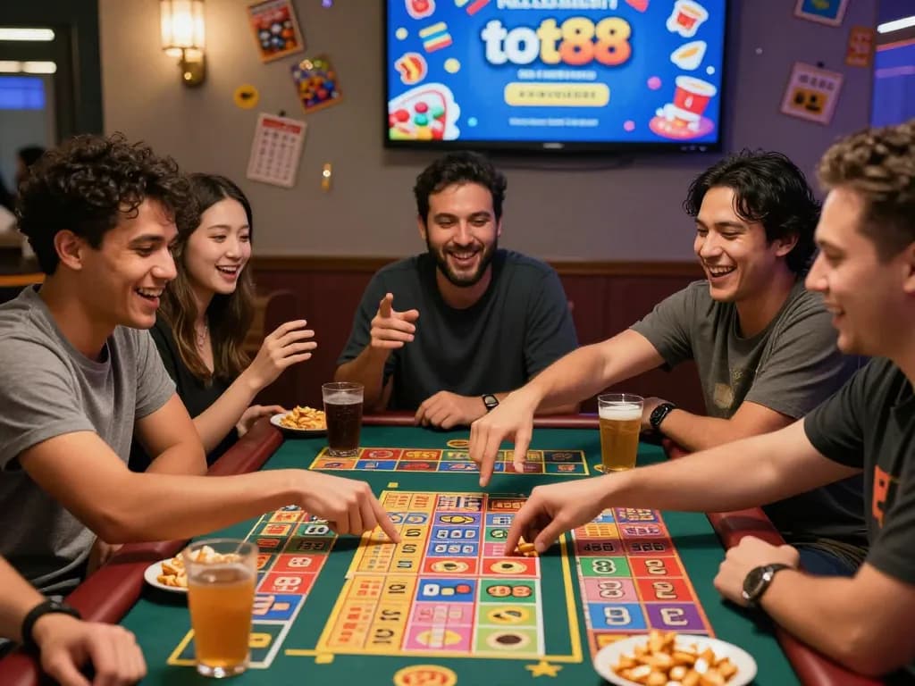 Friends enjoying a thrilling game night with tot88 lottery tickets and laughter
