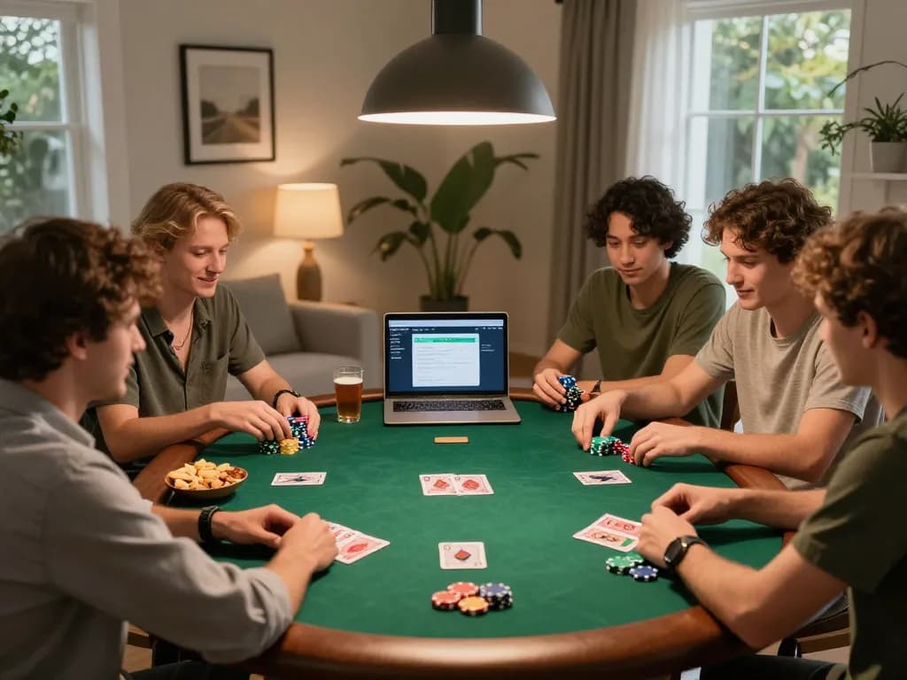 Players enjoying a poker game at home, using AU88 app for online bets.