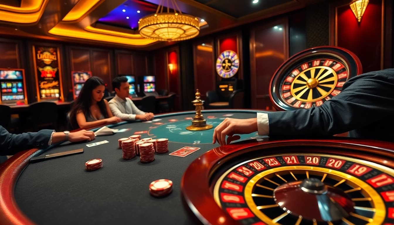 Players engaged in an exciting poker game at https://go99.institute/, showcasing thrilling casino action with colorful chips and cards.