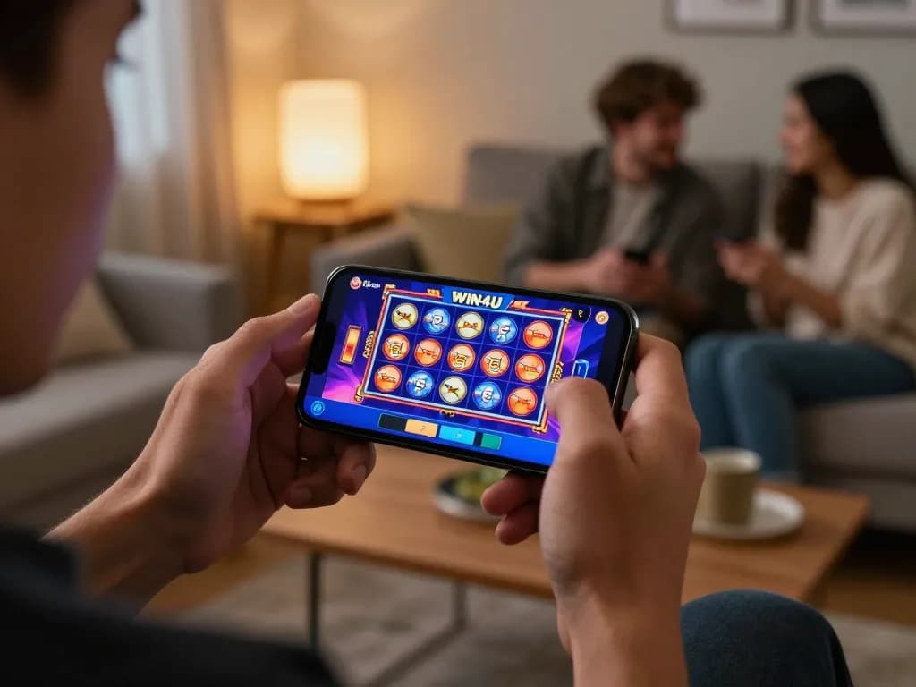 Engaged player using the win4u app to enjoy slot games on mobile in a cozy home setting