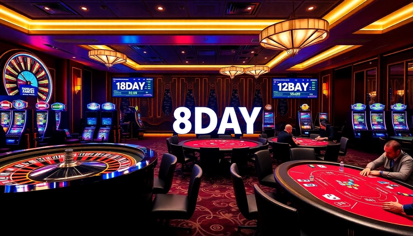 8DAY players enjoying high-stakes poker at a vibrant casino table with colorful chips.
