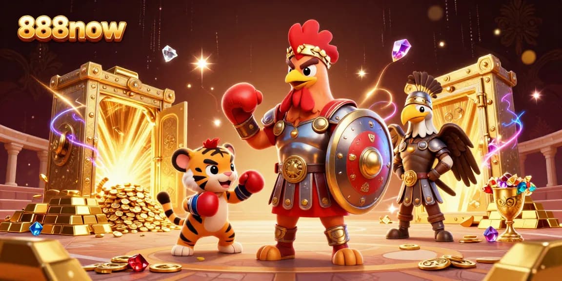 Engage with exciting action at 888now featuring a gladiator rooster and treasure in a vibrant casino scene.