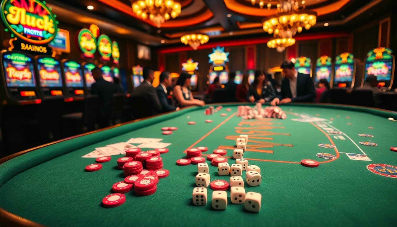 Players enjoying the excitement of "raja luck" at a vibrant casino poker table with colorful chips.