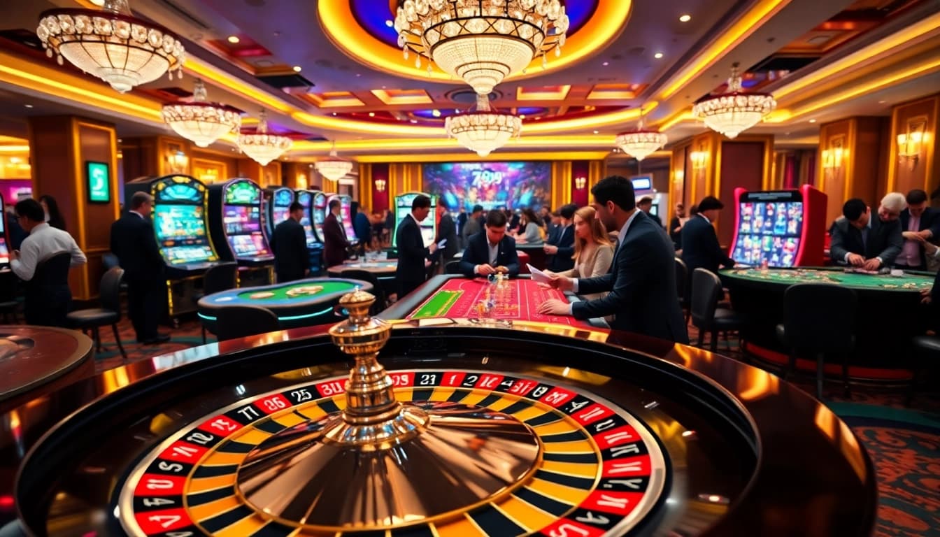 Experience the thrilling action of 789P at a luxurious casino with vibrant roulette tables and engaged players.