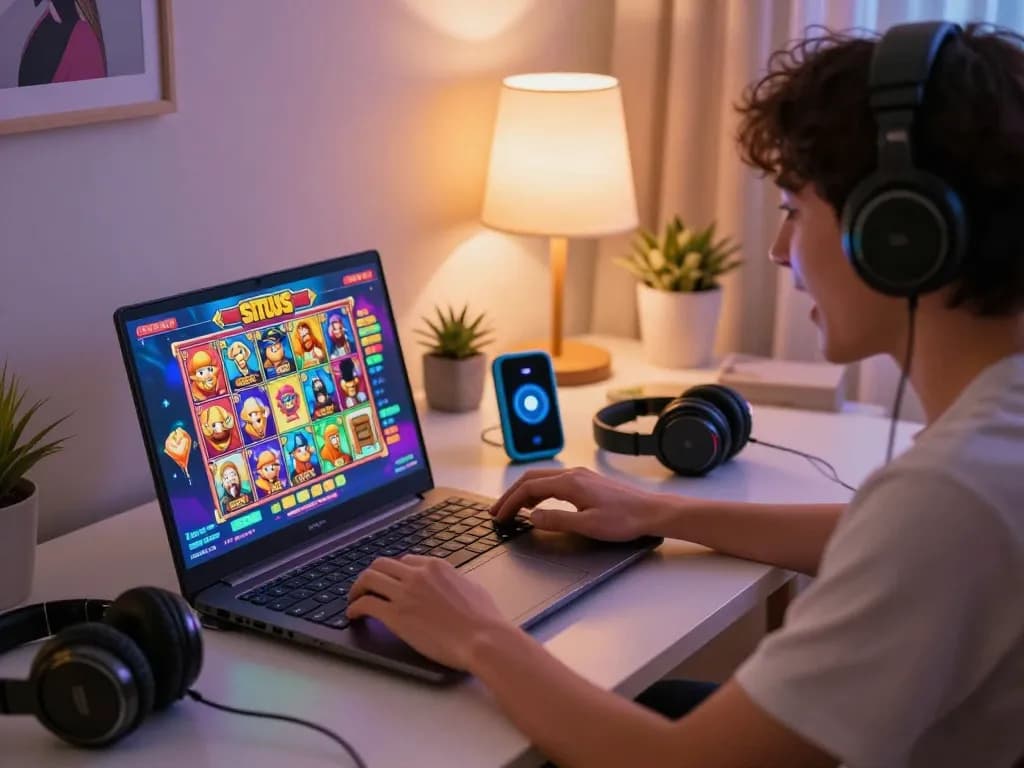 Engaging in situs slot gameplay on a laptop at home, showcasing dynamic online gaming excitement