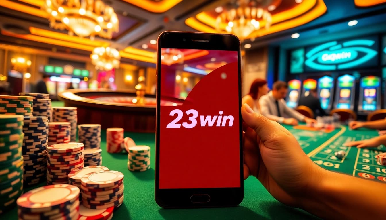 Experience the excitement of 23win with vibrant casino scenes featuring roulette and poker elements.