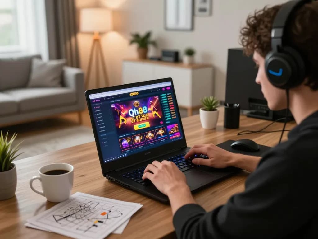Player enjoying the nhà cái uy tín Qh88 online gaming experience with vibrant casino graphics