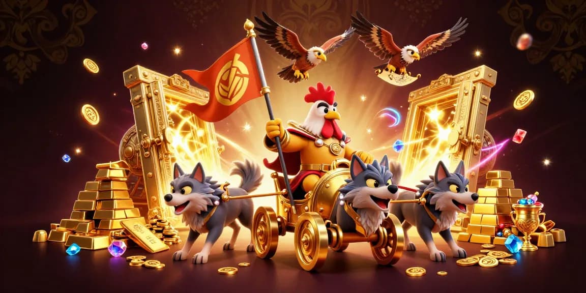 Experience thrilling gameplay at RR88 with a cartoon rooster warlord and golden treasures.