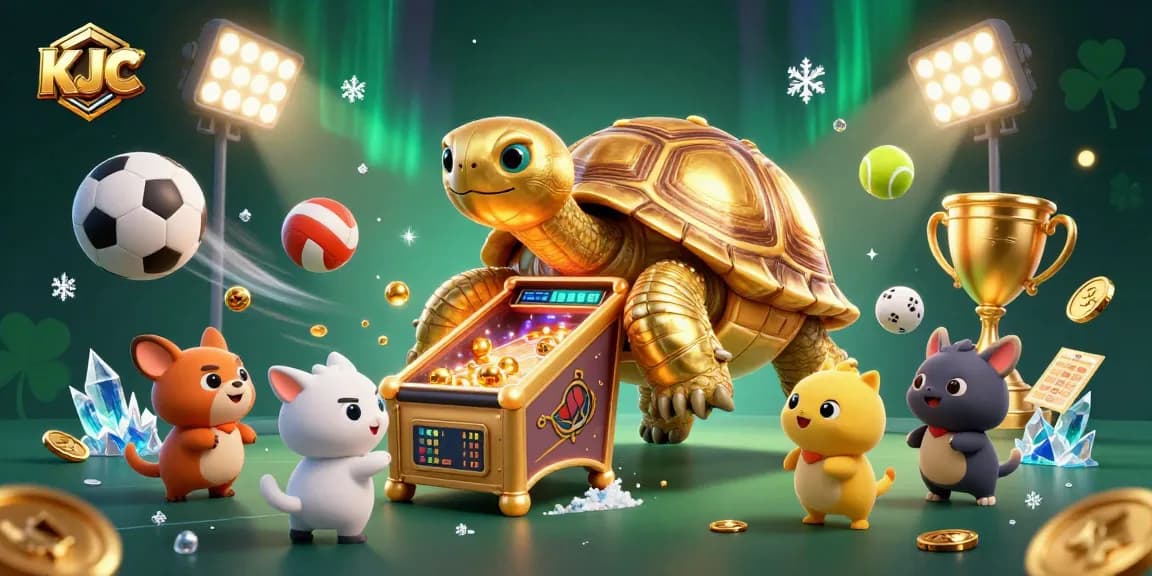 KJC players interact with a colossal pinball tortoise, engaging in exciting casino games with sports elements and dynamic visuals.