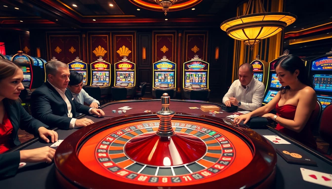 SODO casino players engaging at a roulette table surrounded by vibrant gaming elements.