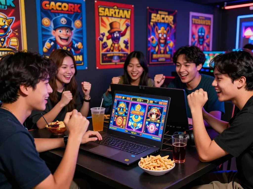 Group of friends celebrating while playing slot gacor hari ini on a laptop in a festive gaming atmosphere.