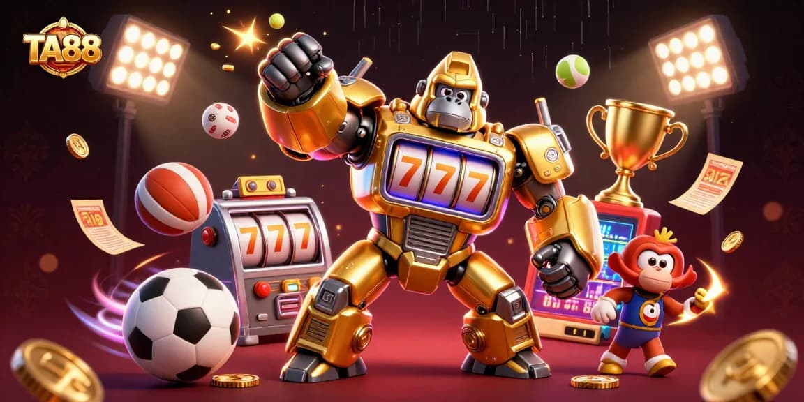 Engage with TA88's golden gorilla mech, surrounded by dynamic sports elements in an electrifying casino atmosphere.