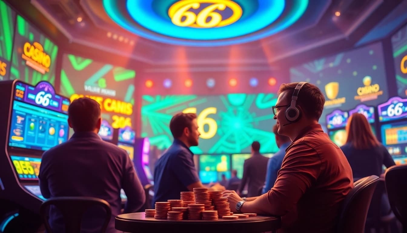 Exciting gaming scene at 66club featuring diverse online games and players engaging with vibrant digital interfaces.