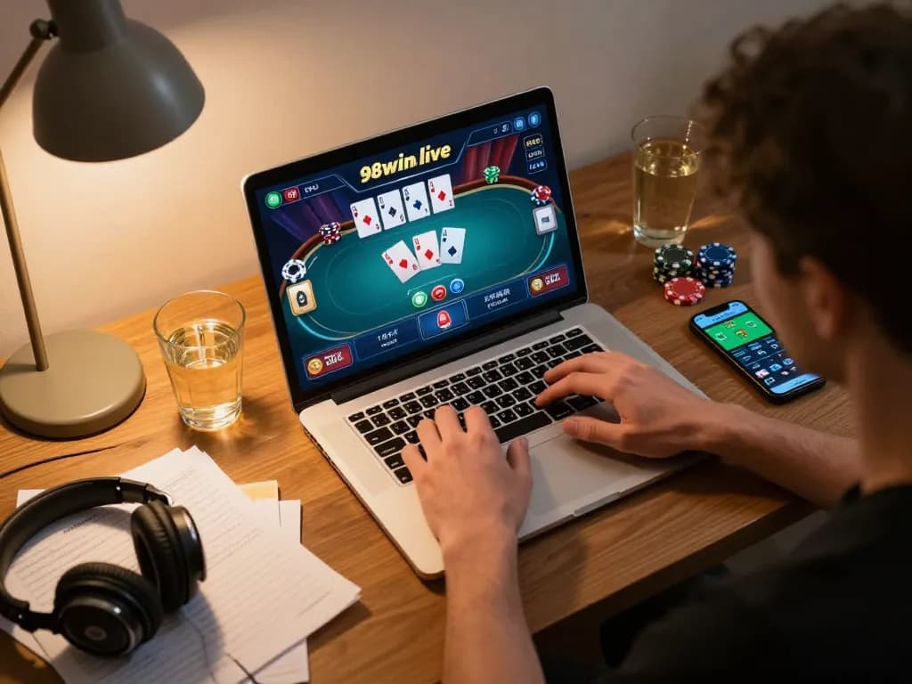 Player engaging with 98winlive online poker game, showcasing an immersive and strategic gambling session.