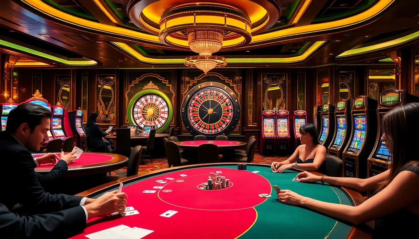 Okking casino scene showcasing vibrant gameplay with poker tables, roulette, and slot machines.