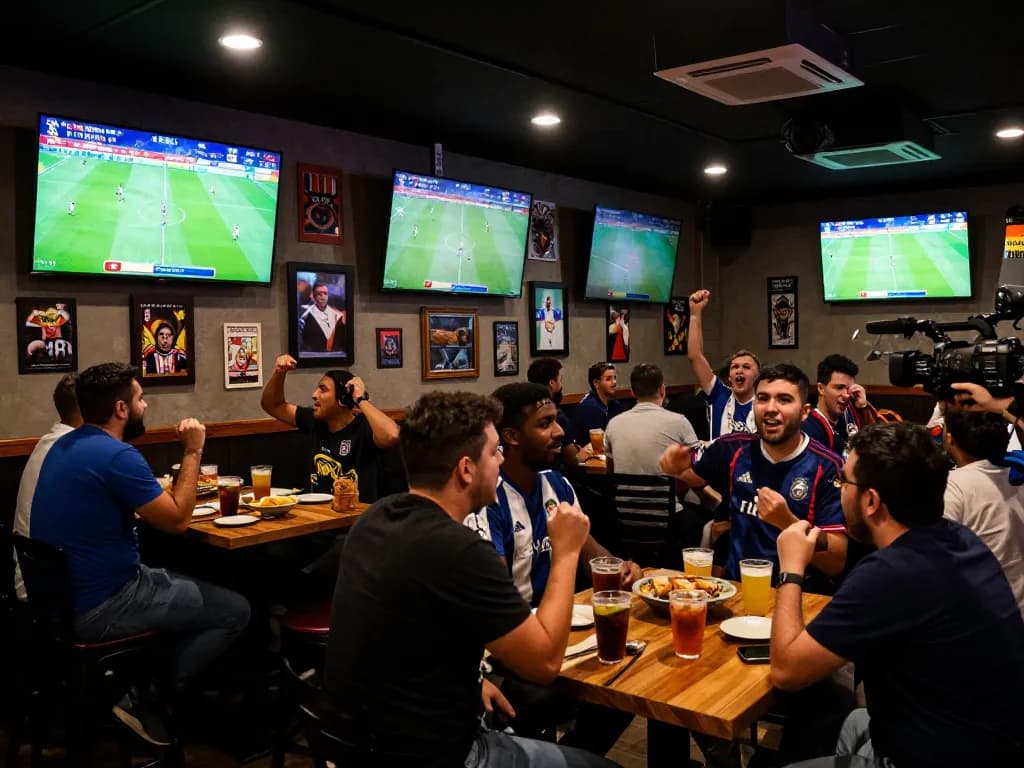 Tỷ Lệ Kèo La Liga displayed on multiple screens in a lively sports bar, capturing the excitement of betting.