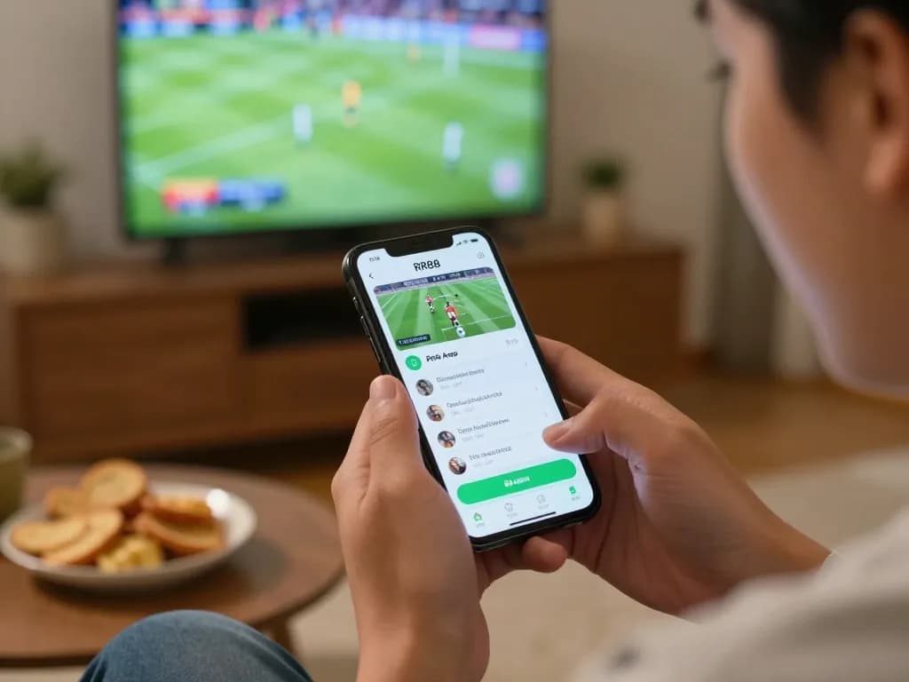 User placing a sports bet on the RR88 App on a smartphone while watching a game, showcasing mobile gambling
