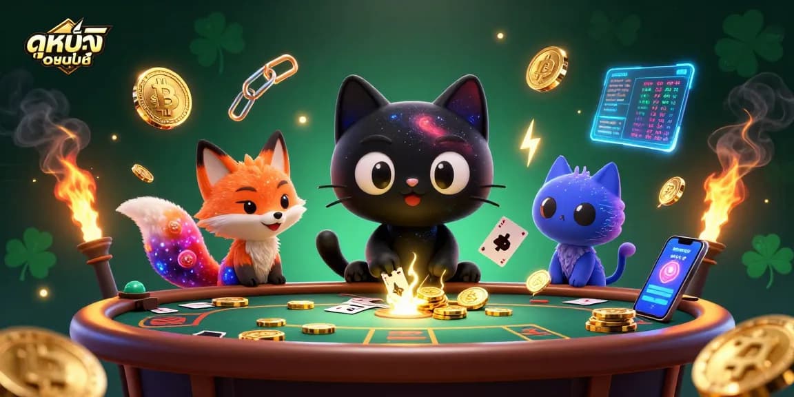 ดูหนังออนไลน์ในคาสิโนเสมือนจริงที่รายล้อมไปด้วยเหรียญ crypto และสัญลักษณ์การพนัน