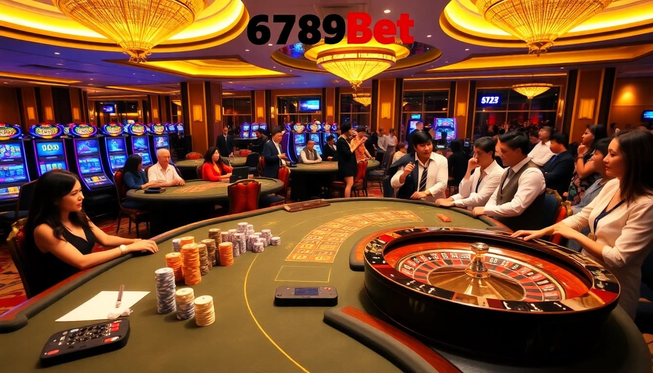 A dynamic casino scene showcasing the excitement of gambling at 6789bet with players enjoying classic table games.