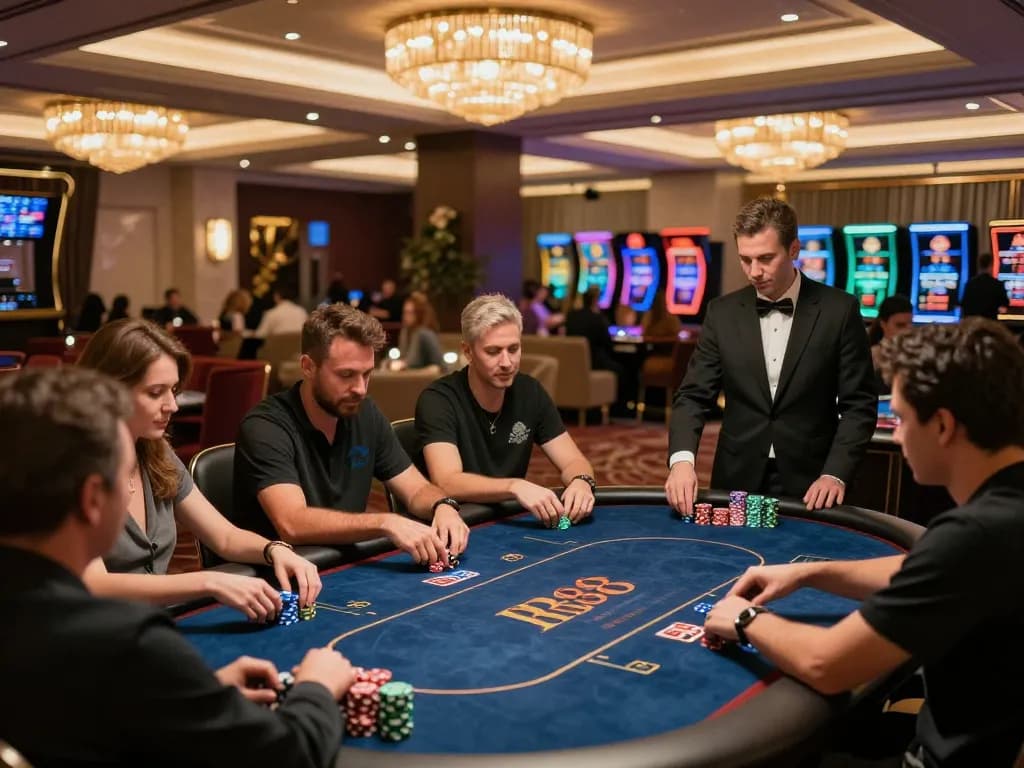 Engaged players enjoying poker at RR88, showcasing an upscale casino experience with dynamic gameplay.