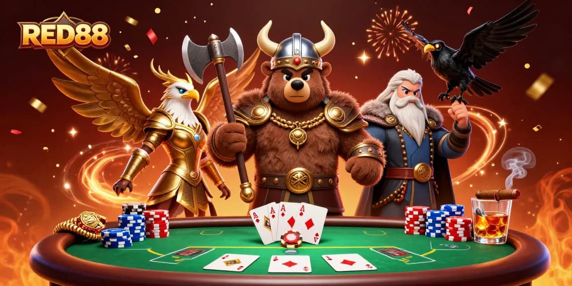 Join the excitement at RED88 with a fierce Viking bear and Valkyrie eagle at the poker table.