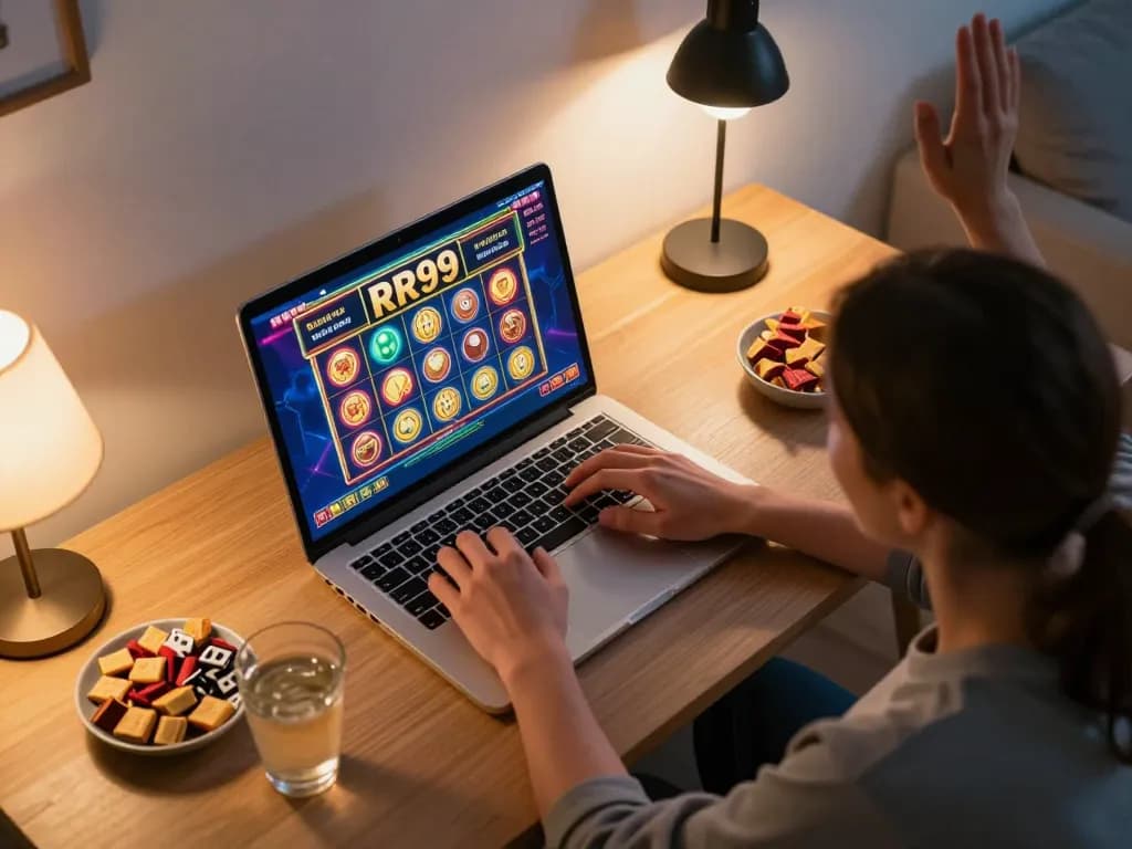 Player celebrating a win on RR99 slots during an online gaming session at home.