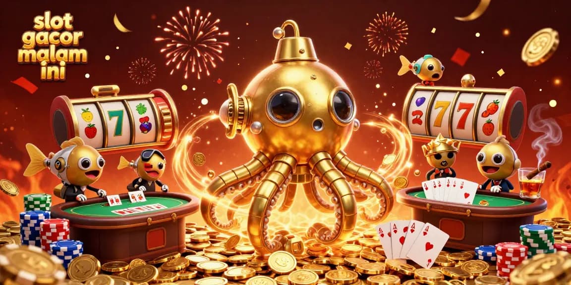 Discover slot gacor malam ini with an exciting 3D underwater scene featuring a golden kraken and casino elements.