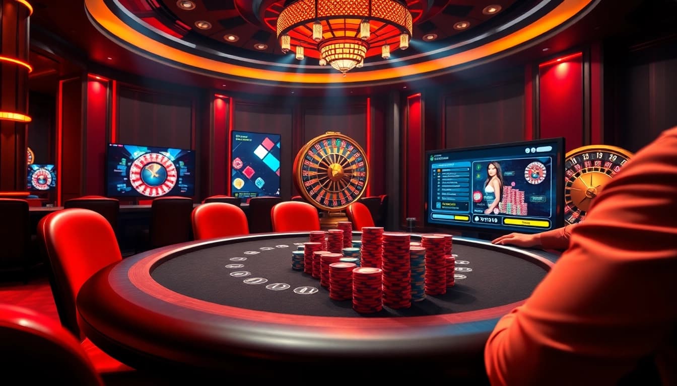 SODO66 poker table scene showcasing intense gaming action with vibrant chips and a roulette wheel.