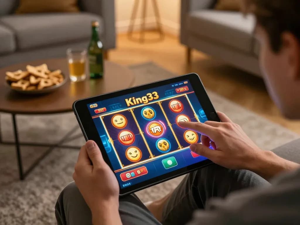 Engaging player enjoying King33 online casino games on a tablet in a cozy home setting.