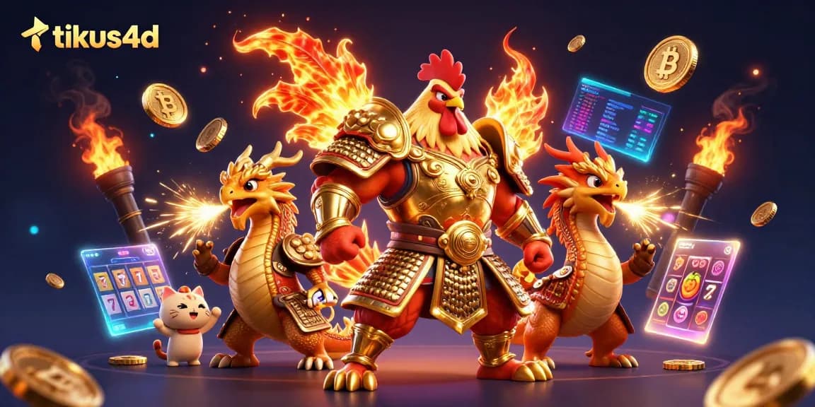 Experience exciting gameplay at tikus4d with a golden samurai rooster and a dragon hatchling amidst dynamic casino elements.