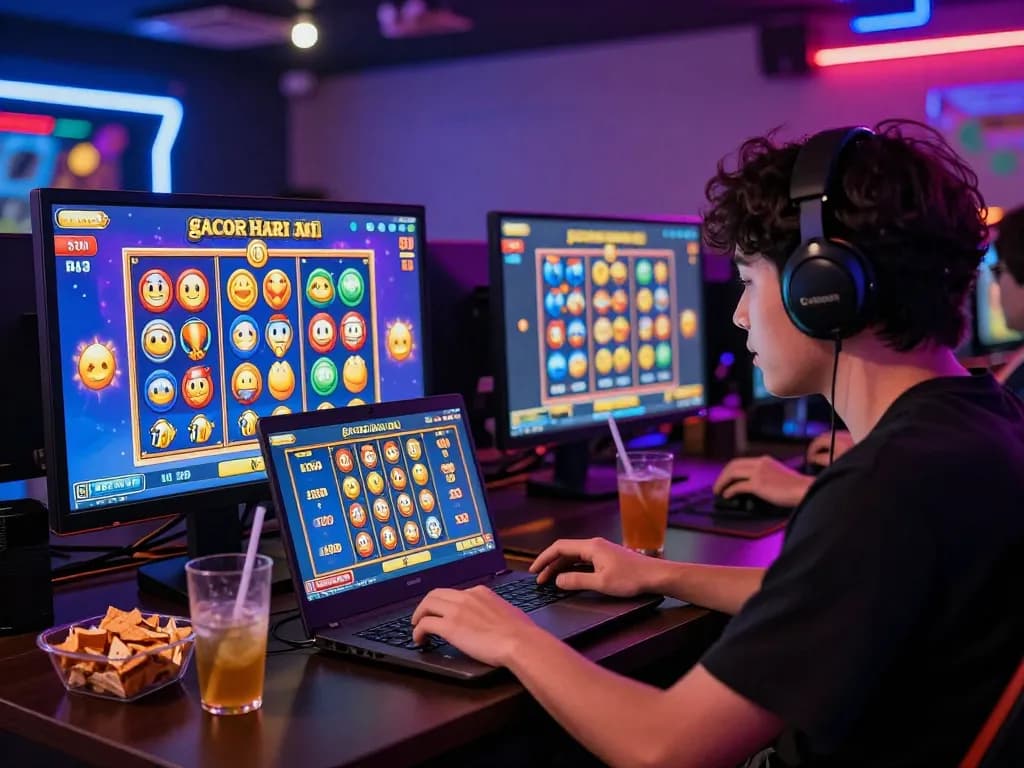 Suasana permainan yang menarik dengan seorang pemain menikmati slot gacor hari ini, grafik yang vibrant, dan lampu neon