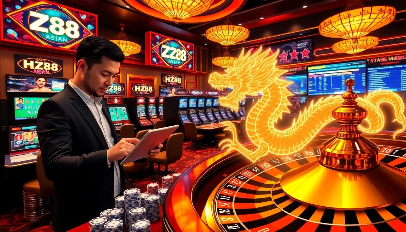 Professional gambler placing bets on HZ88 Asian casino tables with vibrant poker chips and sports odds