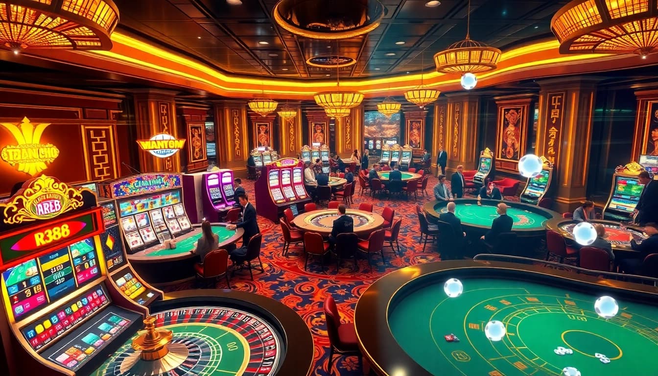 Exciting gaming action at Trang chủ RR88 featuring vibrant slot machines and engaging poker tables.