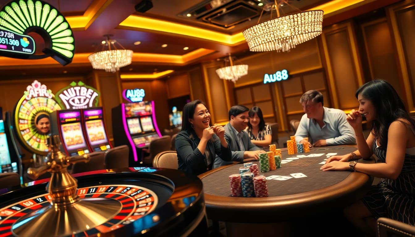 Players enjoying an exciting game atmosphere at AU88 with vibrant casino elements.