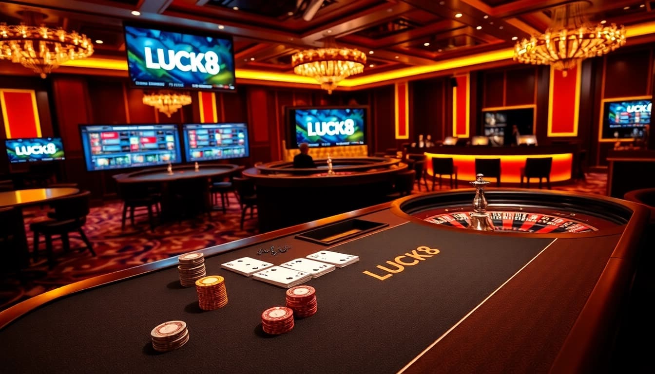 Experience the thrill of LUCK8 at a luxurious casino with vibrant poker and roulette action.