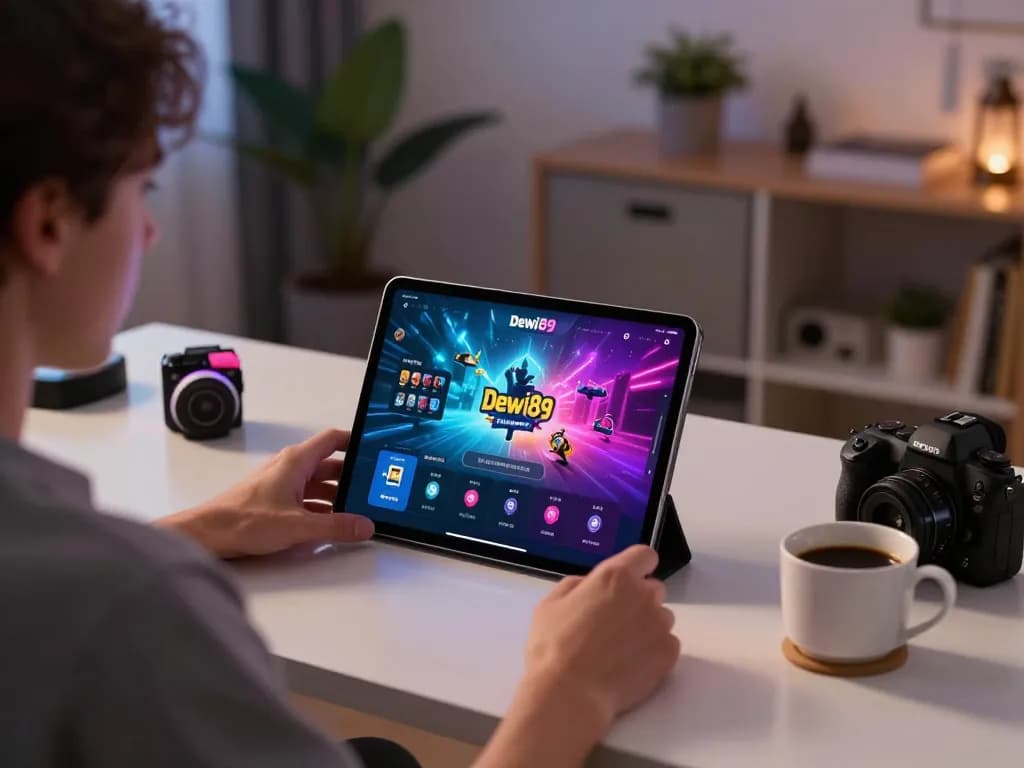 Terlibat dalam permainan online dewi89 dari pengaturan rumah yang nyaman dengan tablet yang menampilkan gameplay yang cerah.